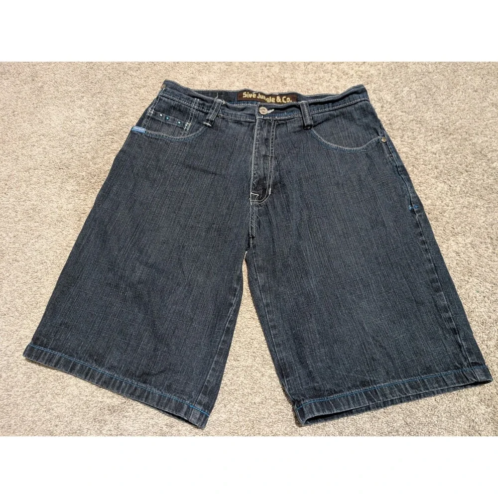 5ive Jungle & Co Denim Shorts Womens 36 Blue Rhinestone Streetwear Y2K Baggy